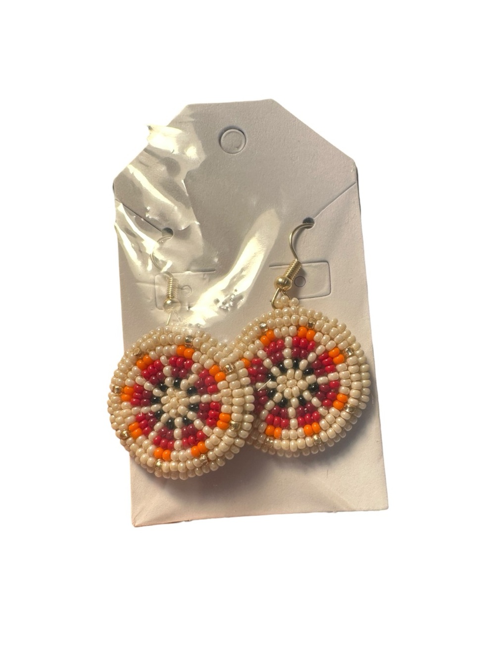 Beaded Round Drop Earrings in Cream, Orange & Red